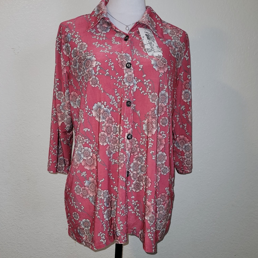 NWT FIRST CHOICE BUTTON DOWN PINK BROWN FLORAL COLLARED SHORT SLEEVE SHIRT 2/3XL